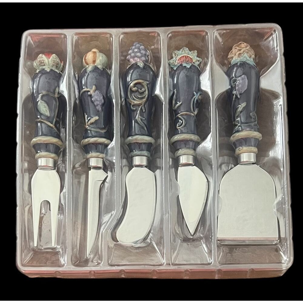 NEW Vintage Set Of 5 Butter/Cheese Knives With Ceramic Vegetable Handles Heavy